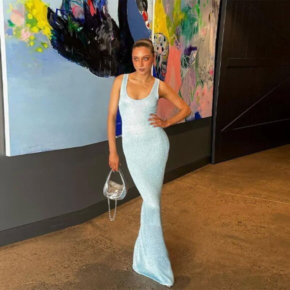 Knit Maxi Dress Long Bodycon Elegant Cocktail Dress Y2k Womens Small